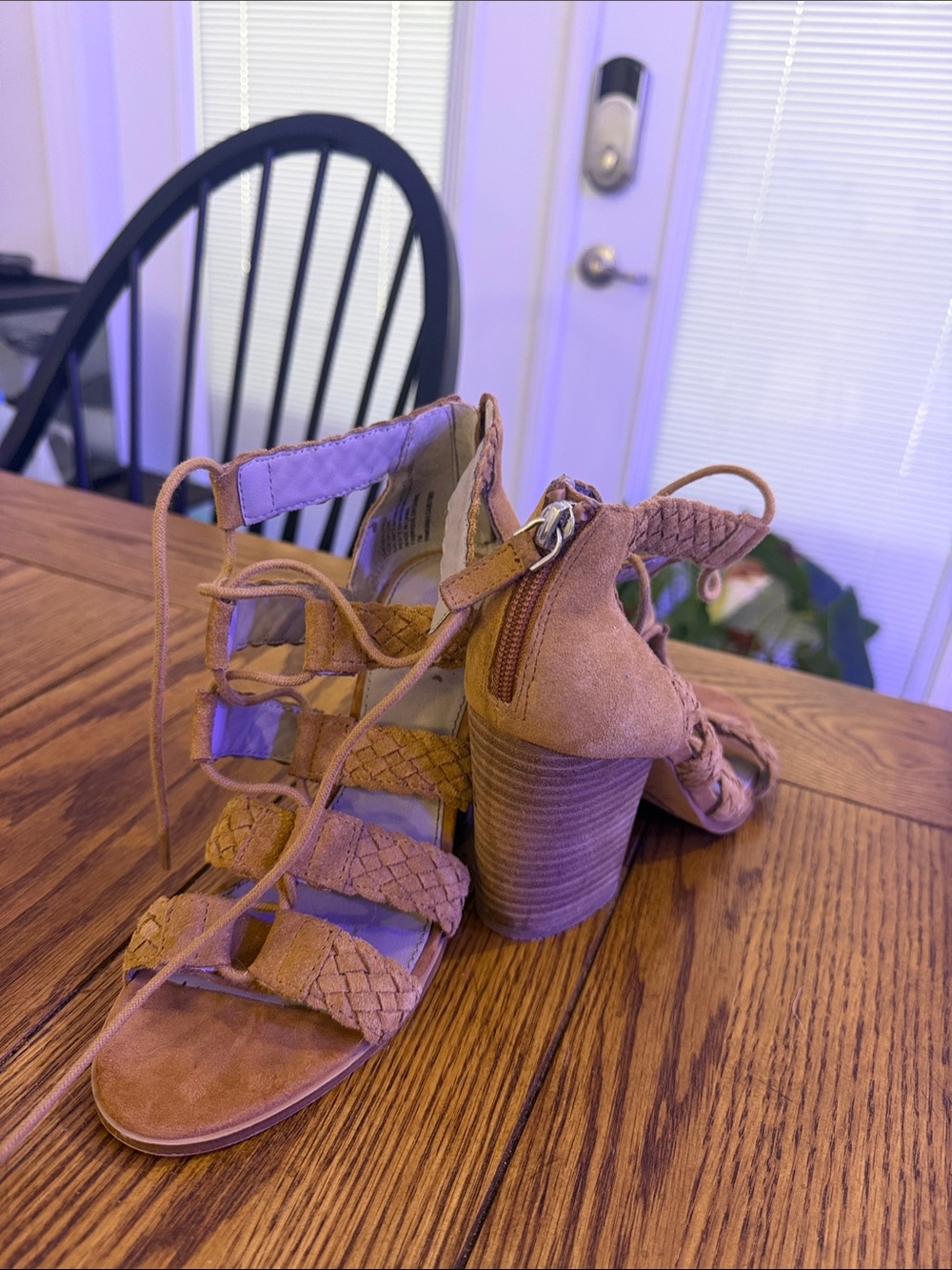 hinge Braided Lace-Up Block Heels in Tan Suede